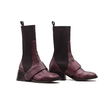 

2019 autumn and winter new socks boots knit elastic mid heel square head Martin boots Casual women's boots boty chelsea boots
