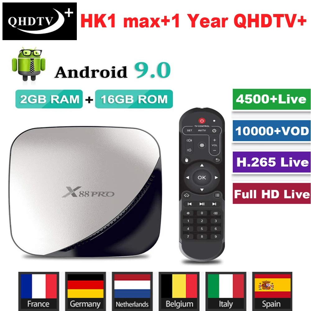 

X88 Pro Android 9.0 TV Box+1 Year QHDTV Plus IPTV Code Rockchip RK3318 H.265 Set Top Box Wifi 4K HDR10 France Home Media Player