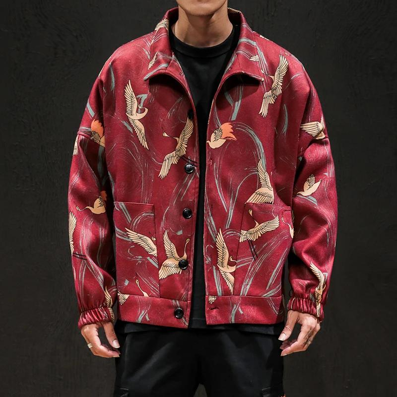 Privathinker, Мужская осенняя одежда, повседневные шерстяные куртки с принтом японского журавля, женские мужские куртки больших размеров, пальто, мужские модные пальто - Цвет: Red(AsianSize)