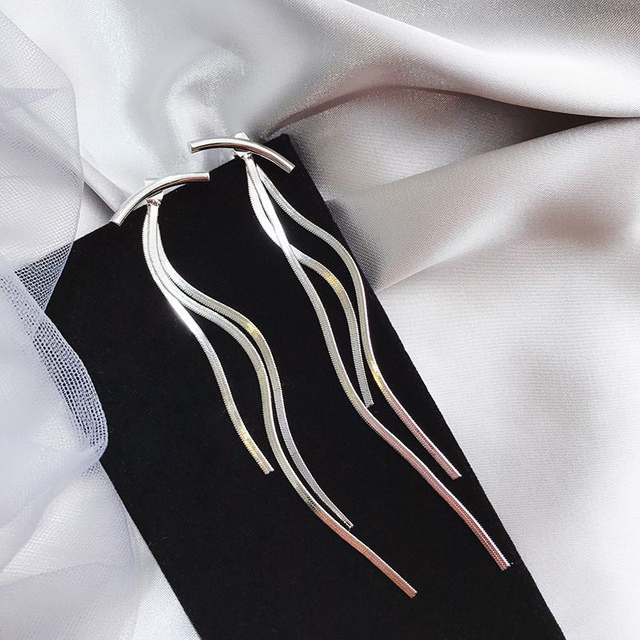 Gold Color Bar Long Thread Tassel Drop Earrings for Women Glossy Arc Geometric Korean Fashion Jewelry Dropshipping 2021