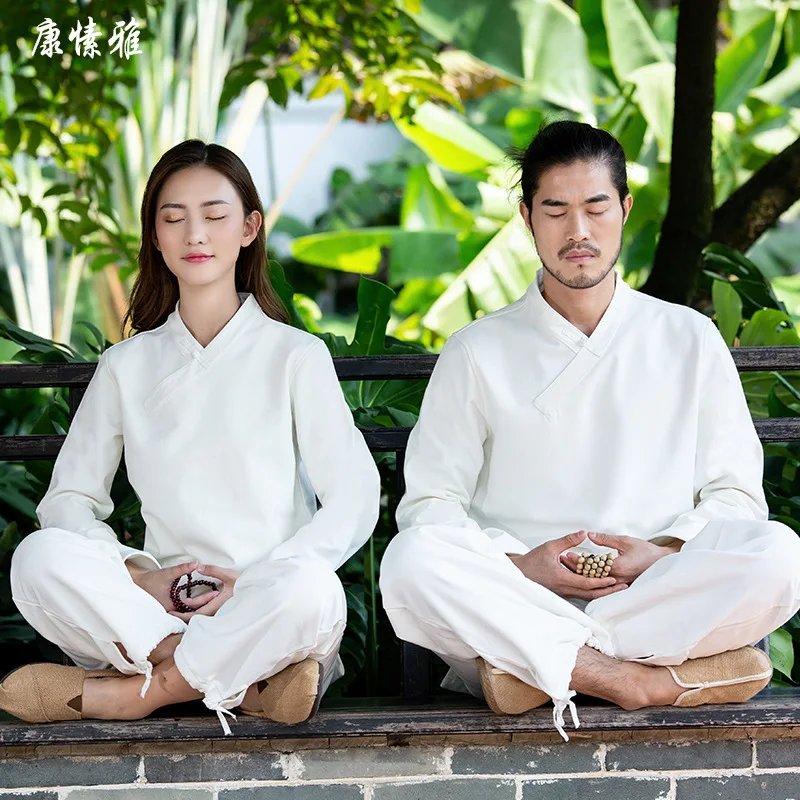 Мужская одежда для йоги Tai Chi, льняная зимняя плотная флисовая свободная теплая толстовка+ штаны для медитации, повседневный комплект, униформа для боевых искусств кунг-фу
