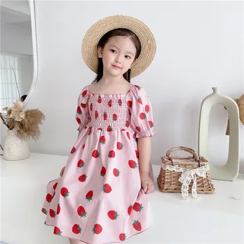 

girls dress strawberry floral pattern pink white girls dress summer kids clothing