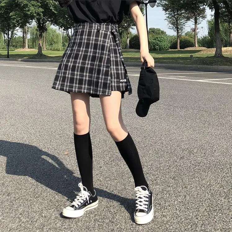 Базовая модная универсальная клетчатая юбка винтажный ассиметричный, с высокой талией колледж Ветер новая корейская мода женские мини юбки