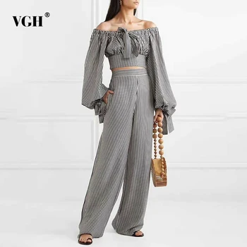 

VGH Striped Hit Color Two Piece Set For Women Slash Neck Bowknot Shirts High Waist Wide Leg Pants Female 2020 Spring Fashion New