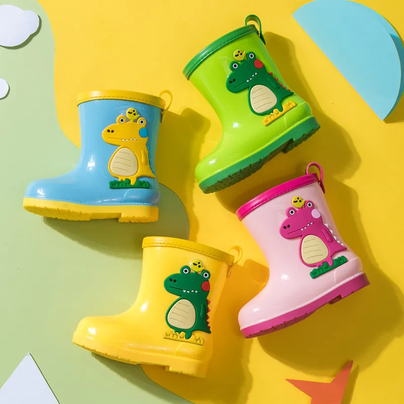 

PVC Rainboots Baby Waterproof Walking Shoes Toddler Girl Boy Cartoon Dinosaur Rainy Shoes Antiskid Rubber Ankle Boots for School