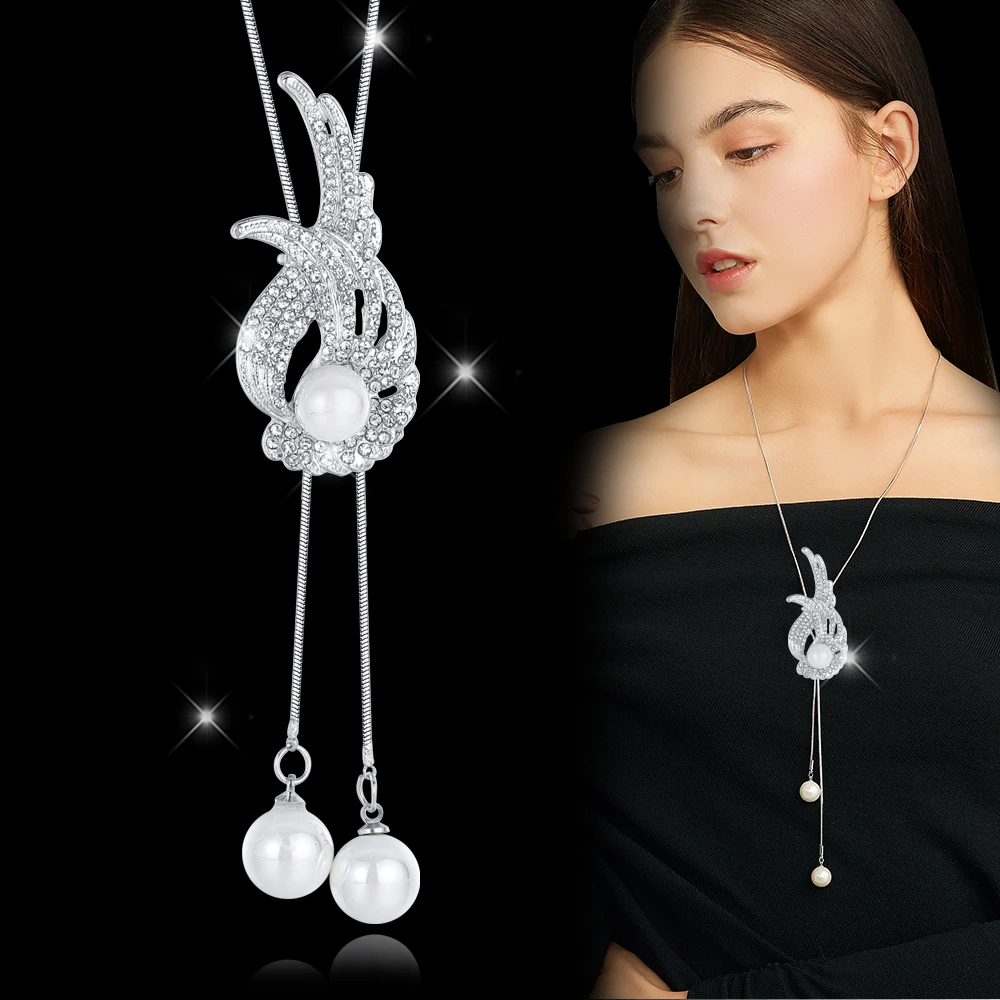 

Simulated Pearl Necklaces & Pendants For Women Fashion Feather Silver Crystal Chain Long Necklace Boho Collier Femme Jewelry