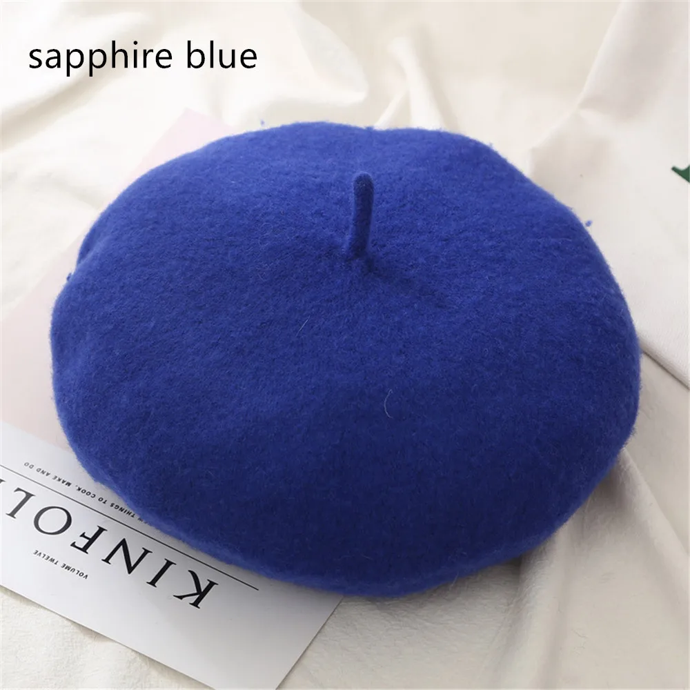 sapphire blue 1 шт. шерстяной берет, шапки для женщин, французская шапка для девушек, чистый цвет, Осень-зима, берет, плоская кепка, шапка, фетровые береты, зимняя шапка для рыбалки - Цвет: sapphire blue