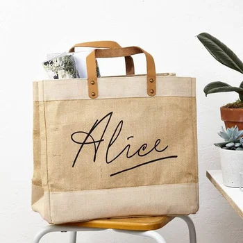 

Personal Monogram Jute Shopping Bag Custom Logo Text Bridesmaid Beach Luxury Totes bag Gifts for Her Mother's Day