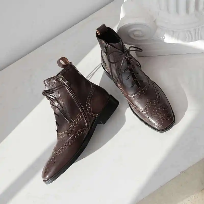 krazing pot British style brogue carved genuine leather boots square toe low heels winter women lace up fashion ankle boots L18