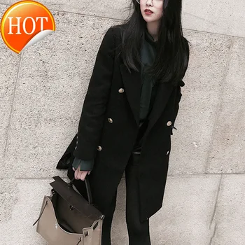 

Blend Vintage Fashion Long Wool Ladies Coat Slim Long Solid Women's Jacket Double Breasted Korean Womens Fashion Coat