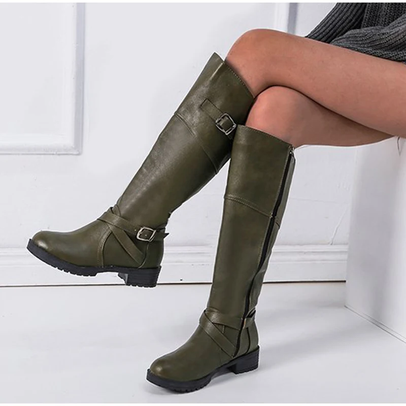 Autumn Shoes Women Knee High Boots Female Buckle Strap Platform Black PU Low Heels Motorcycle Boots Zip Ladies Classic Footwear