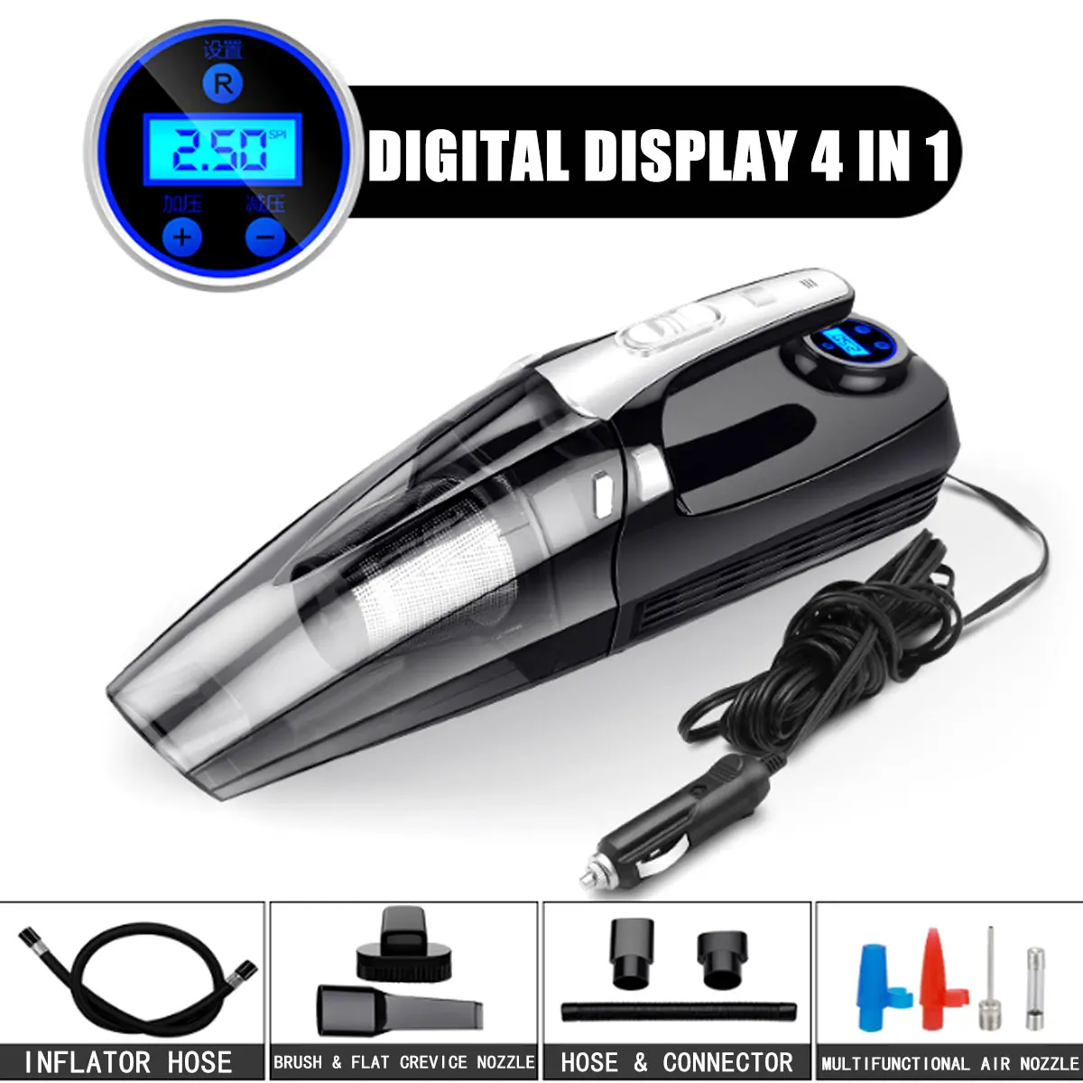 

4 in 1 Car Vacuum Cleaner Handheld with Digital Tire Inflator Pump Pressure Gauge LED Vacuum Cleaner For Auto Car  