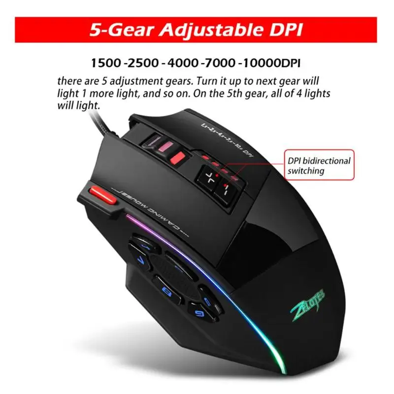 ZELOTES C-13 проводная USB игровая мышь 5 уровней 10000 dpi Регулируемая RGB оптическая игровая мышь 13 программируемые кнопки компьютерной мыши