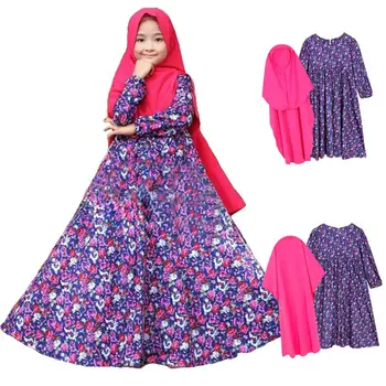 

New Girls Kids Muslim Hijab Dress Floral Print Prayer Islamic Dubai Arab Kaftan Ramadan Turkey Middle East Clothing