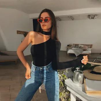 

Cotton Halter One Shoulder Sexy Bodysuit Women New Fashion 2020 Winter Spring Solid Bodycon Casual Long Sleeve Body