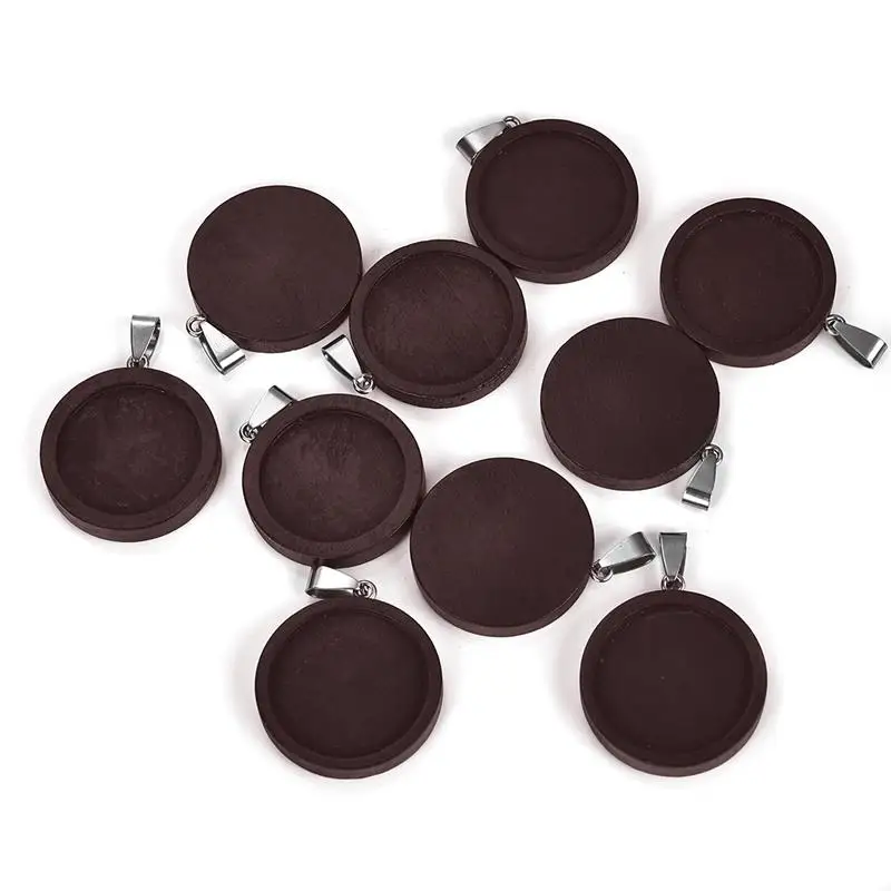 Brown 25mm 10pcs 10 шт./лот 25/30 мм Дерево Кабошон База Установка Нержавеющая сталь крюк круглые лотки ободок пустой кулон подвески для бижутерии, материал для рукоделия - Цвет: Brown 25mm 10pcs