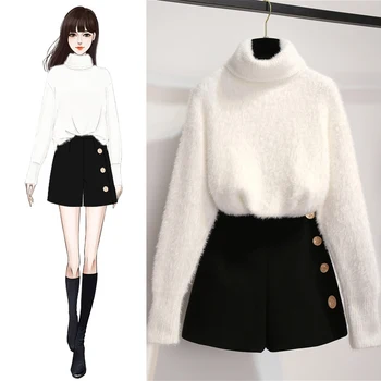 

new winter loose high-necked white turtleneck sweater shorts two pcs clothing set knitted suits outfit knitwear