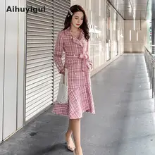 Aihuyigui сезон осень-зима; розовый цвет твидовый в клетку гусиные лапки длинное пальто женские пояса оборками шерстяное пальто Русалка верхняя одежда Dr665