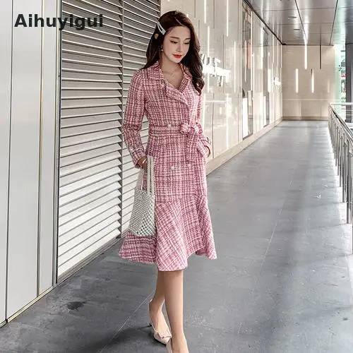 

Aihuyigui Autumn Winter Pink Plaid Tweed Houndstooth Long Coat Women Sashes Ruffles Woolen Overcoat Mermaid Outerwear Dr665