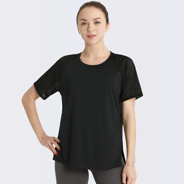 Women Sexy Loose Yoga Shirts Short Sleeve Mesh Tops Sports T Shirts Quick Dry Breathable Gym