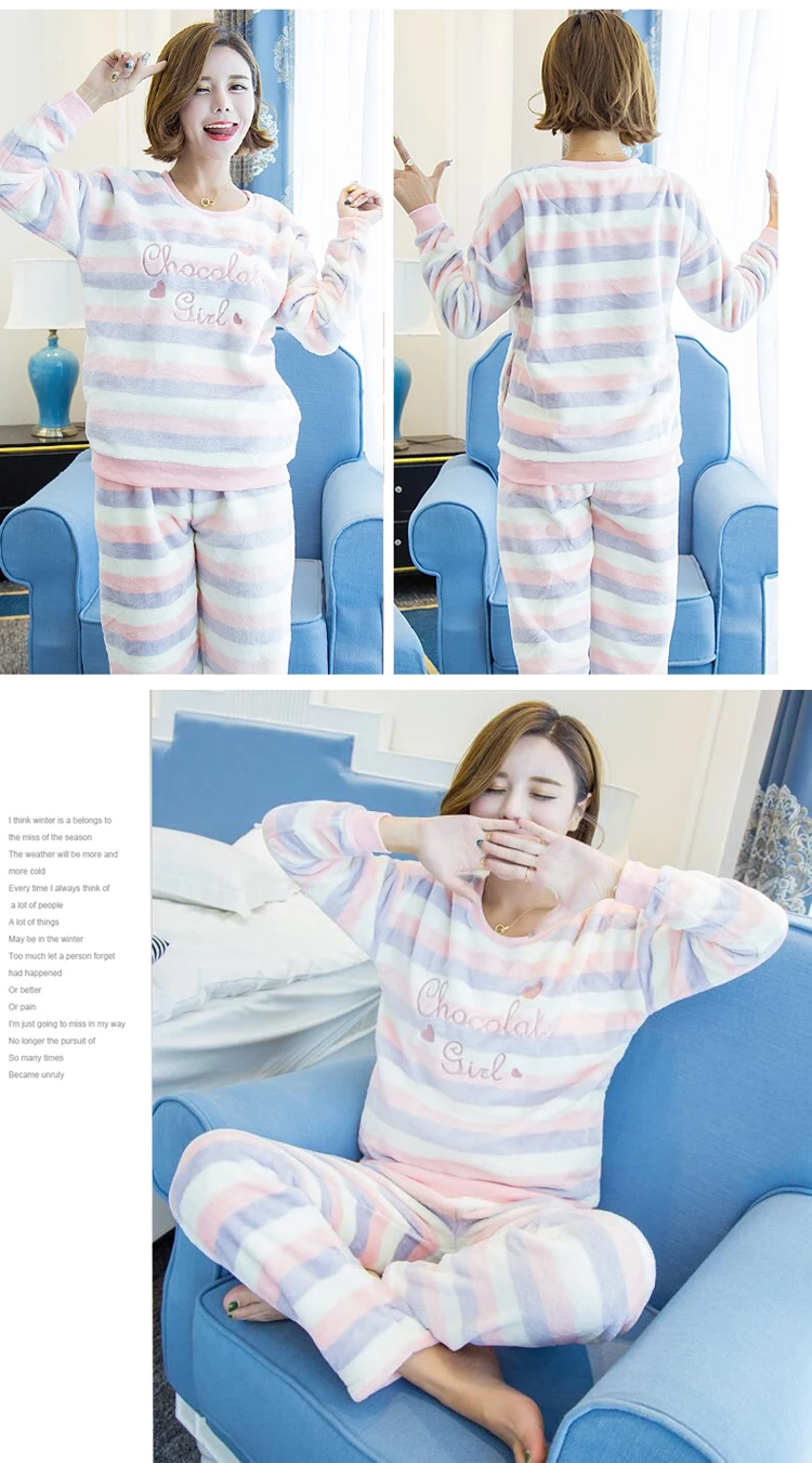 Sleepwear women winter Pajama Sets for Female Soft Thick Cute Cartoon Flannel Sleepwear Tops+Warm Pants Home Clothes Mujer 2pcs