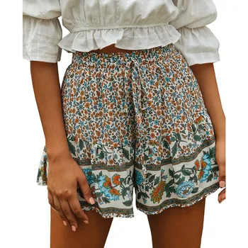 

Hippie Summer Beach Wear Bohemian Floral Printed Shorts High Waist Elastic Vintage Short Beach Summer ladies holiday shorts