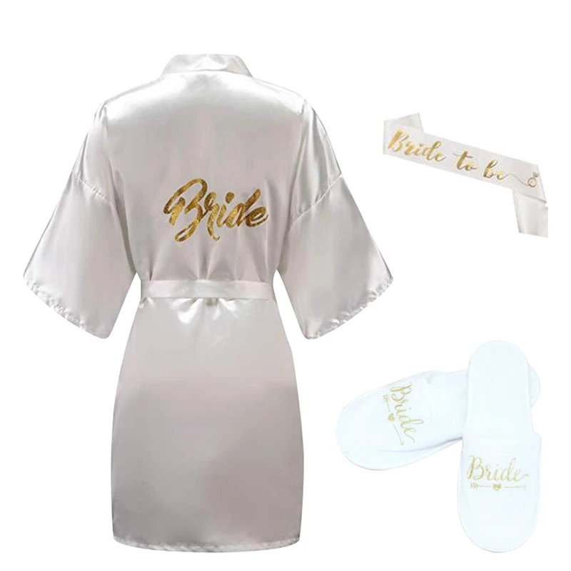 

Sisbigdey 3pc set of glitter gold bride satin short bride robe slippers bridal sash peignoir women Bridal Party 2019 kimono robe