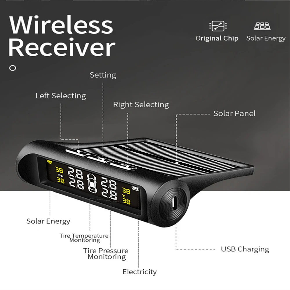  El más nuevo sistema de monitoreo de presión de neumáticos USB TPMS de energía Solar LCD 4 sensores
