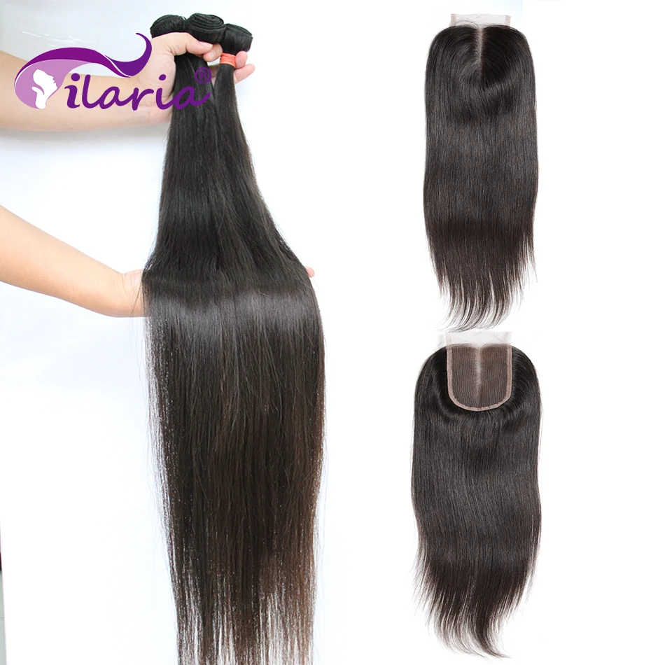 

ILARIA Straight Human Hair Bundles With Closure 100% Remy Brazilian Hair Weave Bundles With Lace Closure Natural Color