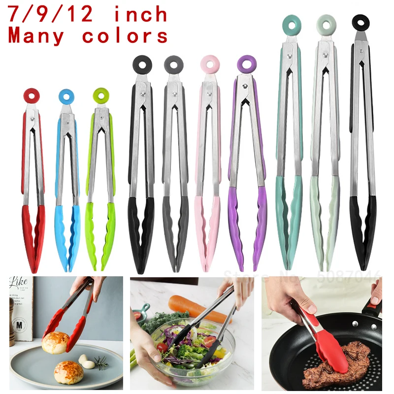 3 Set Kitchen Tongs Silicone Tip Cooking Locking Food Tongs BBQ Tongs  7/9/12