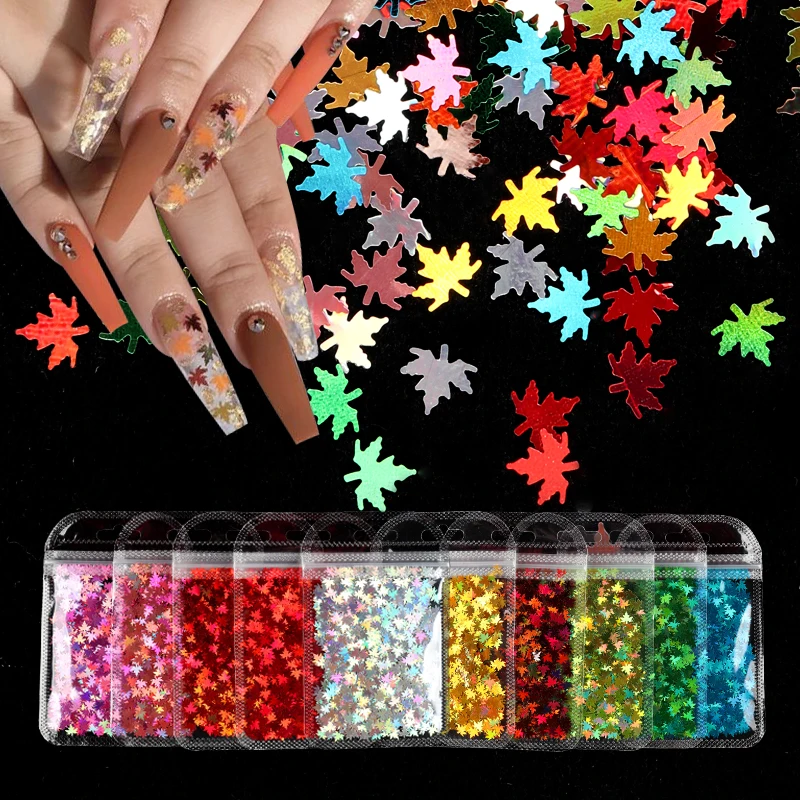 

10 Pcs Laser Maple Leaf Sequins For Nail Design Summer Colorful Leaves Holographic Glitter Flakes Paillette Nail Art Decorations