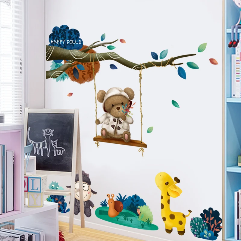 Виниловые наклейки на стены с мультяшными животными для детской комнаты, декоративные водостойкие украшения для детского сада