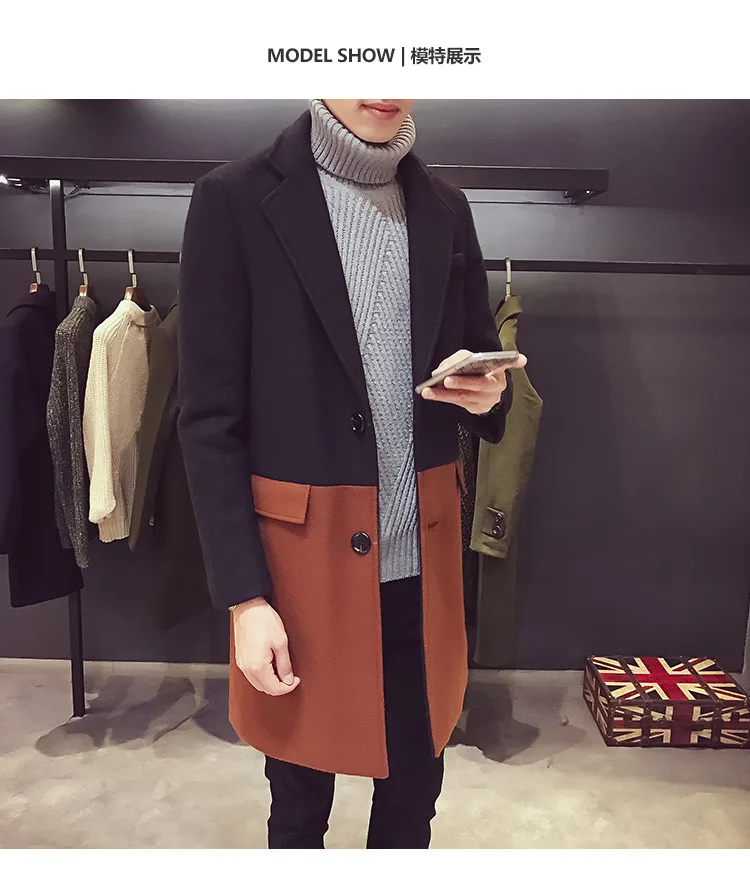Лоскутное шерстяное пальто, Тренч средней длины, Мужское пальто Chaqueta Invierno Hombre, контрастный Тренч, Дизайнерская верхняя одежда, вечерние, Клубные