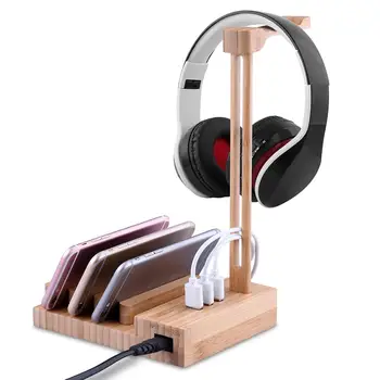 

Wooden Desktop 3 Ports Headset Hanger Storage Rack USB Charging Dock Station Earphone Accessories Headphone Stand