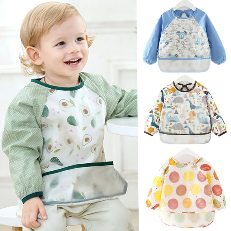 Delantales para bebé, Baberos impermeables de manga larga, Baberos de frutas para niños y niñas, babero de tela para eructar para niños con bolsillo, delantal S/M/L
