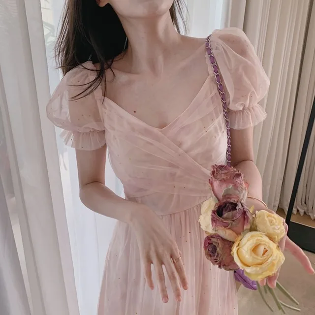 Summer Vintage Dress Women French Style Lace Chiffon Fairy Dress Casual Puff Sleeve Summer Autumn Clothes Designer Dress 2020 3
