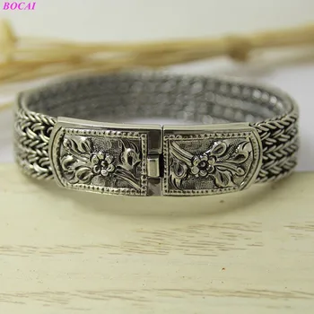 

BOCAI S925 Sterling Silver men's bracelet 2020 new fahshin Thai silver handmade double woven pattern two flower CLASP BRACELET