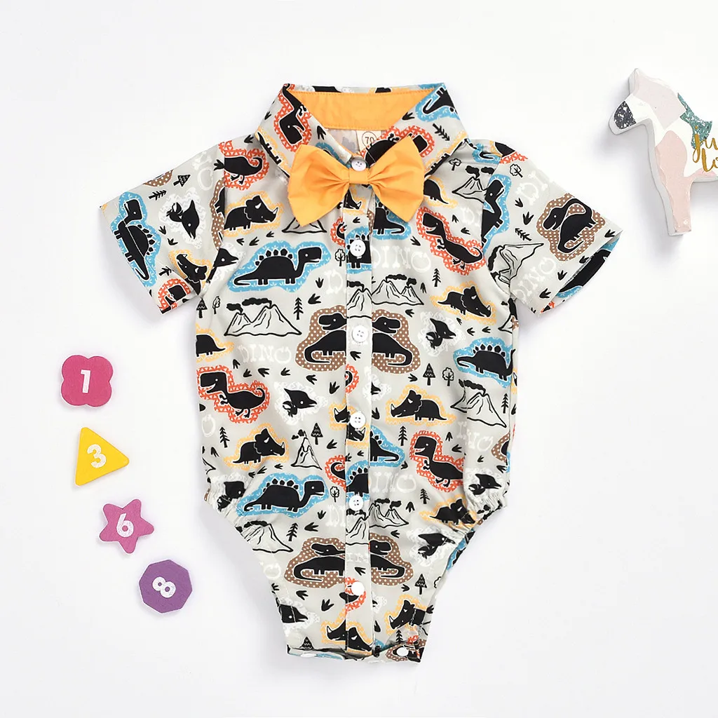 

(3M-24M) Children's short-sleeved cartoon printed gentleman suit robe romper bag fart suit jumpsuit gentlemen jumpsuit baby S4