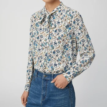 

New Women Blouse Turn-down Collar Long Sleeve Silk Shirt Vintage Print Female Blouses and Tops