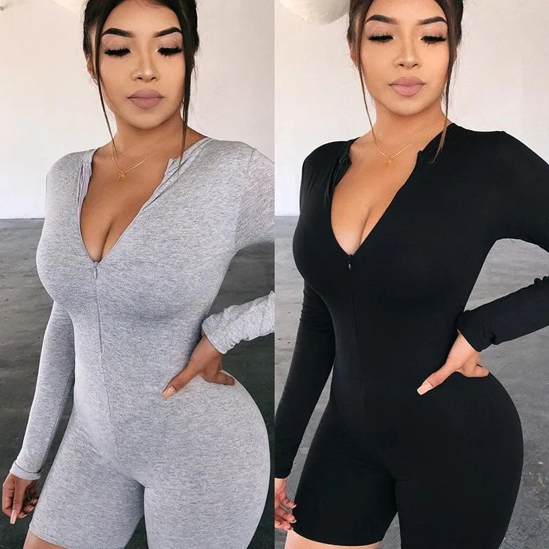Mono Sexy de manga larga para mujer, pijama con cuello en V profundo, mono con cremallera frontal, ajustado, informal, ropa para casa suave, pantalones cortos, 2020