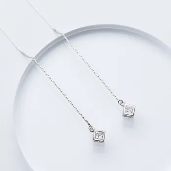 

925 Sterling Silver Small Square Pendant with Cubic Zircon Stone Ear Threads Long Hanging Dangle Drop Earrings Jewelry for Women