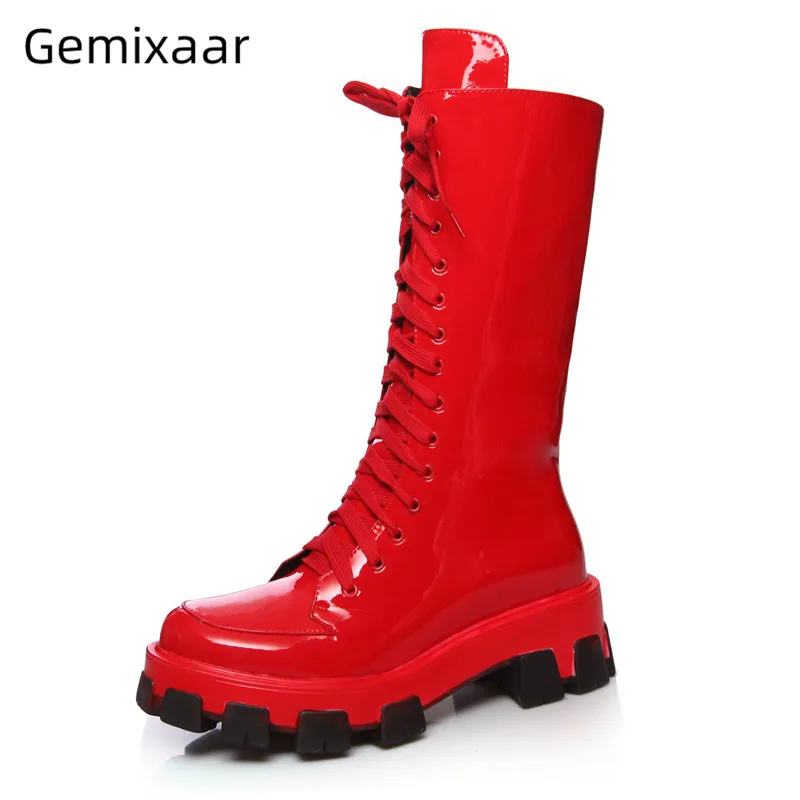 

Knight Boots Woman Thick Bottom Cross Lace Up Army Bottes Round Toe Slim Mid Calf Fashion Army Botas 2020 Fall Winter New Boots
