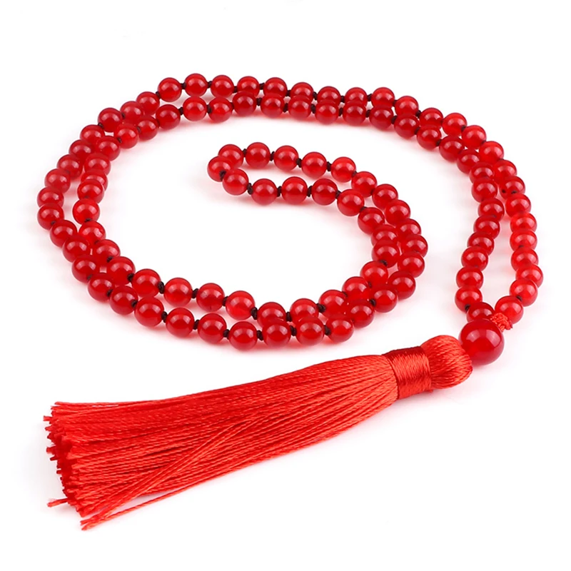 

Fashion Women Necklace Jewelry 108 Beads 6mm Natural Stone Red Chalcedony Long Knotted Tassel Yoga Buddha Necklace Gift Friends