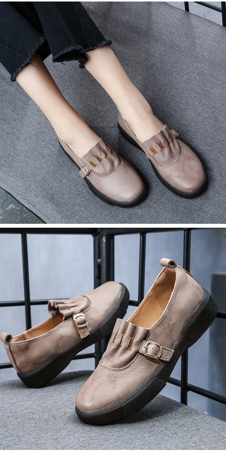 Women Leather Loafers Plus Size 43 Genuine Leather Gray Shoes Autumn Ladies Flats Casual Shoes Women Handmade Moccasin Lazy Shoe