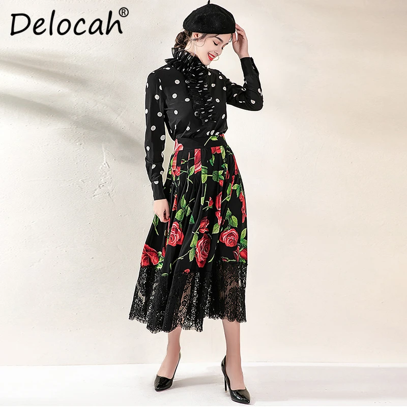 Delocah Autumn Winter Women Suit Runway Fashion Designer Long Sleeve Dot Printed Silk Shirt+Lace Splice Lady Skirt Two Piece Set