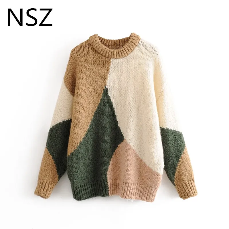 Женский вязаный свитер NSZ пуловер оверсайз с длинным рукавом и круглым