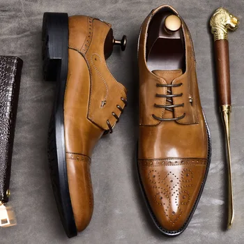 

2019 Genuine Cow Leather Men Formal Shoes Brogue Elegant Classic Oxford Shoes Business Wedding Social Mens Dress Shoes EU 46