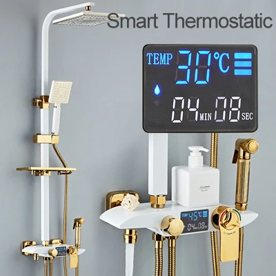 Thermostatic Dusch система для ванной комнаты термостатический душевой набор золотой черный HD lcd экран дисплей смеситель для ванны системный кран роскошный полный набор Спринклерный набор - Цвет: Thermostatic