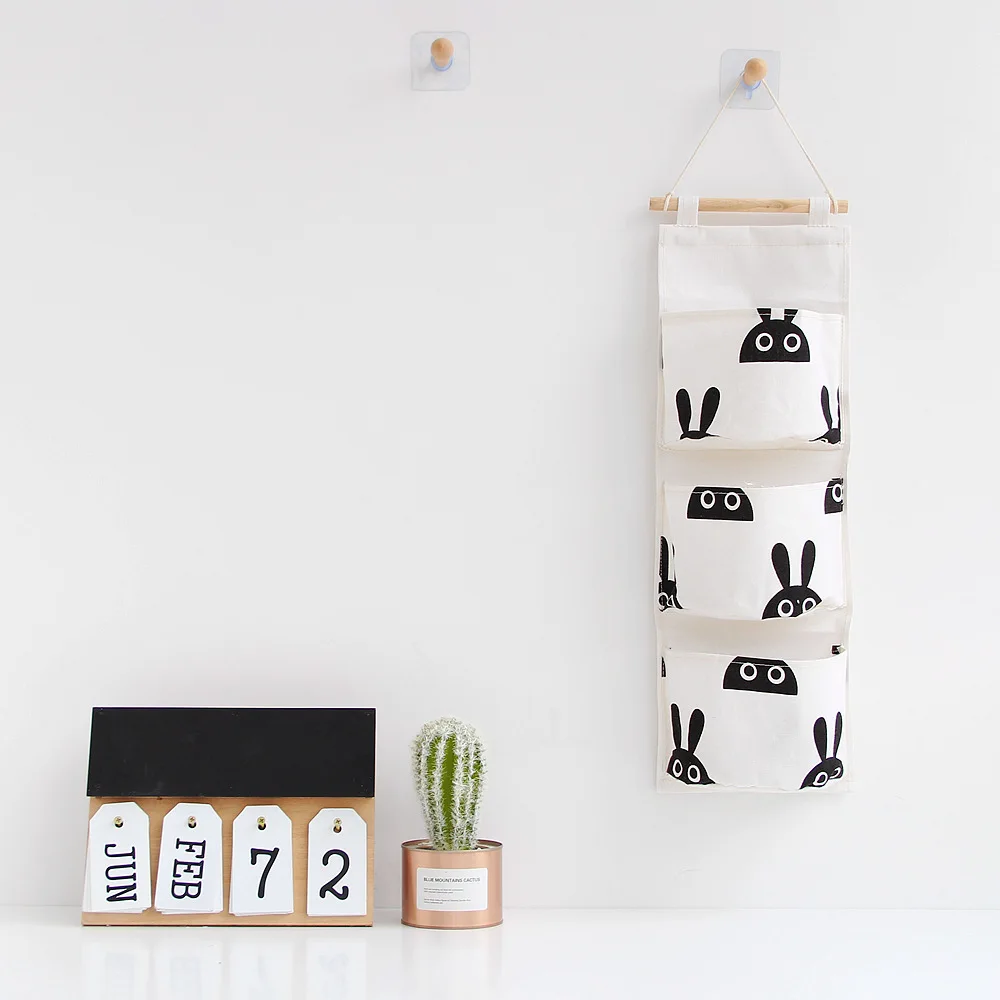3 Pockets Hanging Storage Bag Wall Mounted Wardrobe Sundries Hanging Bag Container Fabric Cotton Pouch Cosmetic Organizer (9)