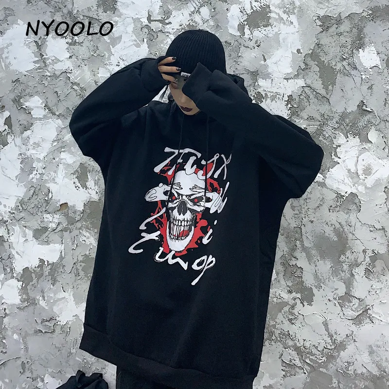 NYOOLO, Harajuku, уличная одежда, Череп, буквы, принт, свободные, теплые толстовки, Осень-зима, плюс бархат, пуловер, толстовка с капюшоном, для женщин и мужчин